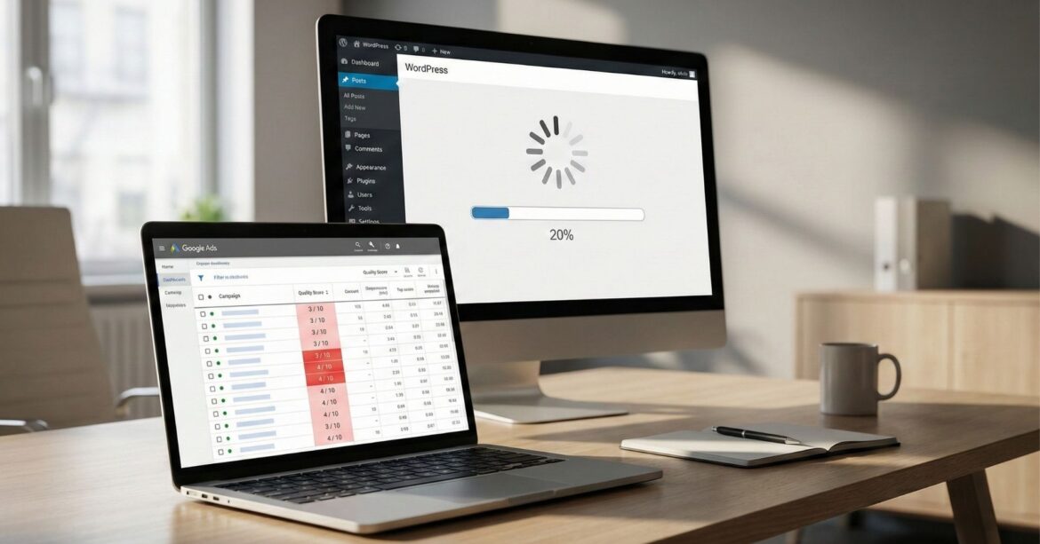 Google Ads kalite puanı düşük olan bir reklam hesabı ve yavaş WordPress sitesi