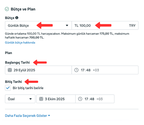 Meta Reklam Yöneticisi'nde günlük bütçe ve kampanya başlangıç-bitiş tarihlerinin ayarlanması.