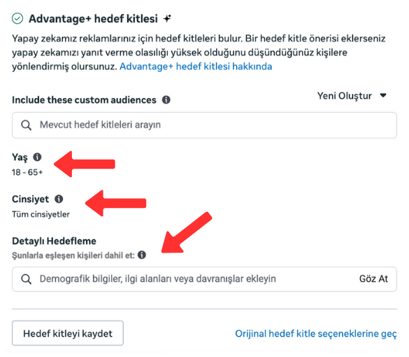 Meta Reklamları için hedef kitle oluşturma ekranında konum, yaş ve ilgi alanı ayarları. - muratkocads