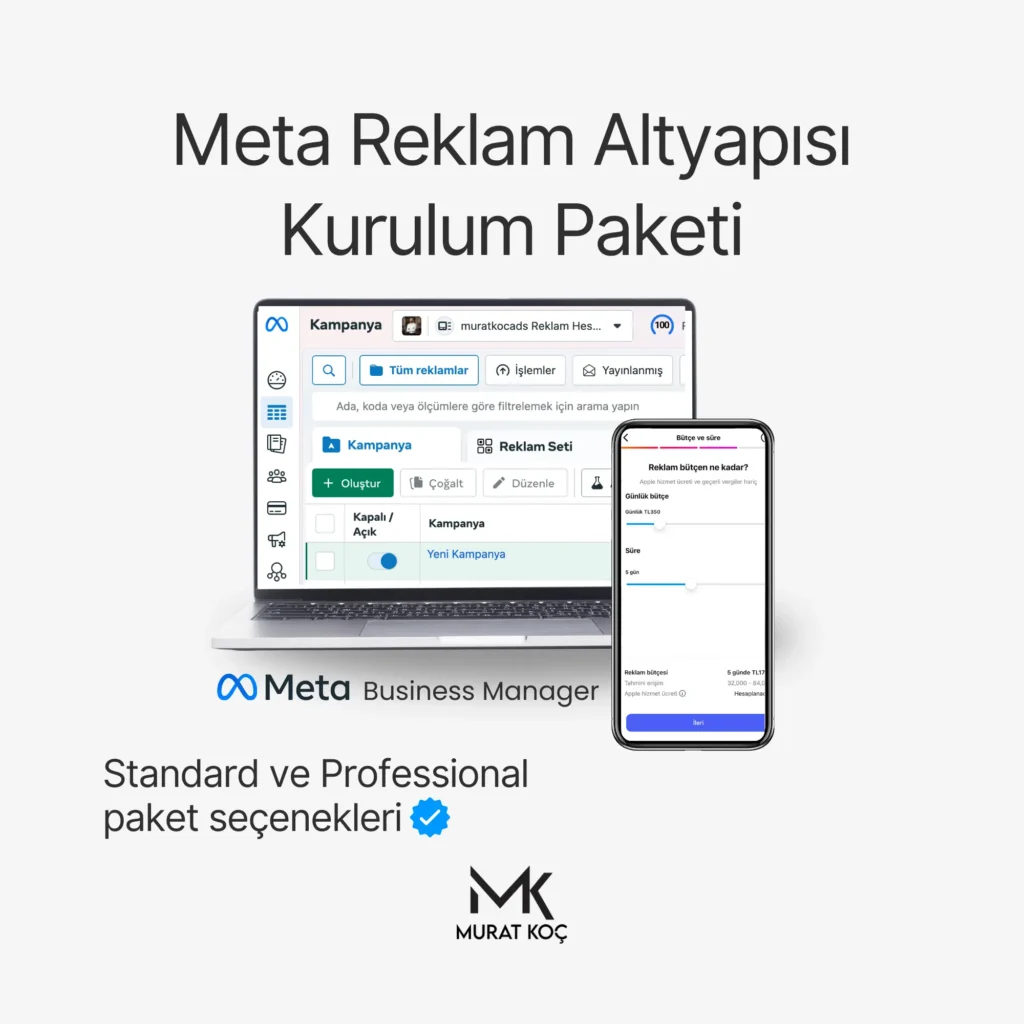 Meta Business Manager üzerinde reklam hesabı ve Business Suite kurulumunu gösteren görsel - Meta Reklam Altyapısı Kurulum Paketi