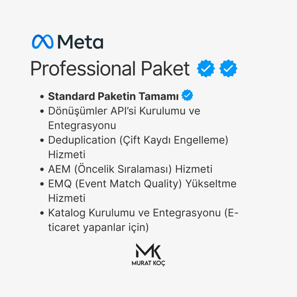 Meta reklam altyapısı için Professional Paket içeriği - CAPI, AEM, EMQ, deduplication ve katalog entegrasyonu
