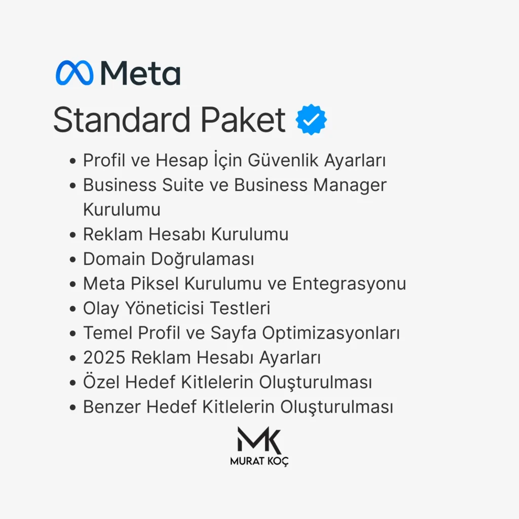 Meta reklam altyapısı için Standard Paket içeriği - Business Manager, Pixel ve domain doğrulama kurulumları