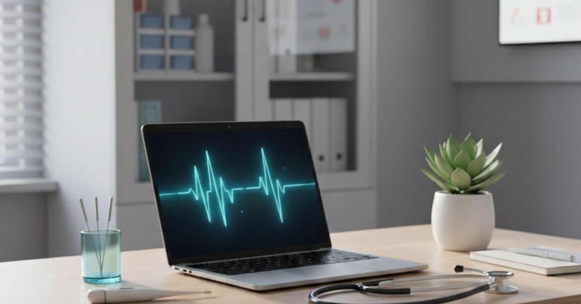 Sağlık sektöründe dijital pazarlama uyum rehberi için klinik ofiste laptopla çalışma