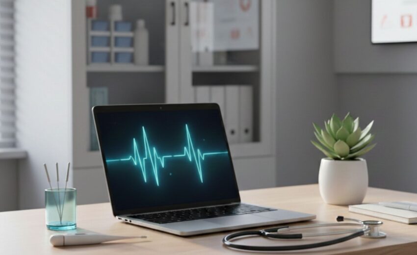 Sağlık sektöründe dijital pazarlama uyum rehberi için klinik ofiste laptopla çalışma