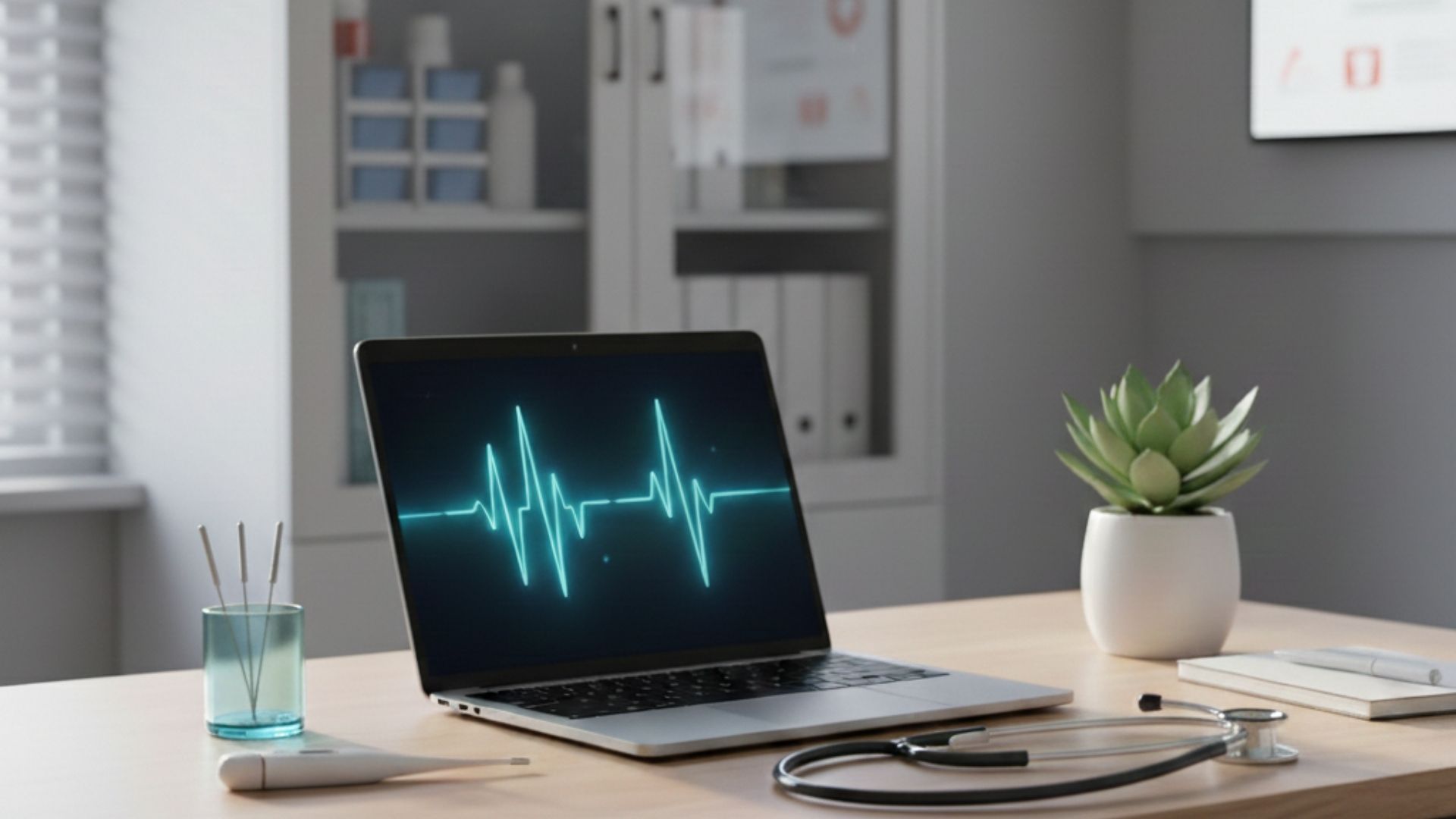 Sağlık sektöründe dijital pazarlama uyum rehberi için klinik ofiste laptopla çalışma