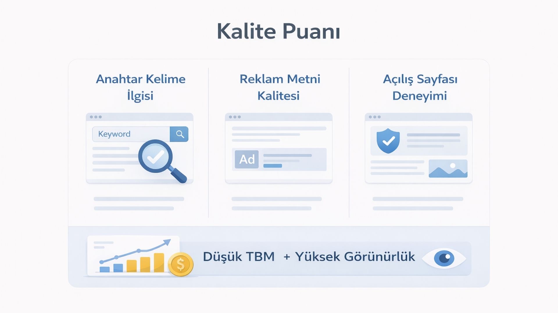 Google Ads kalite puanı hesaplama kriterleri infografiği